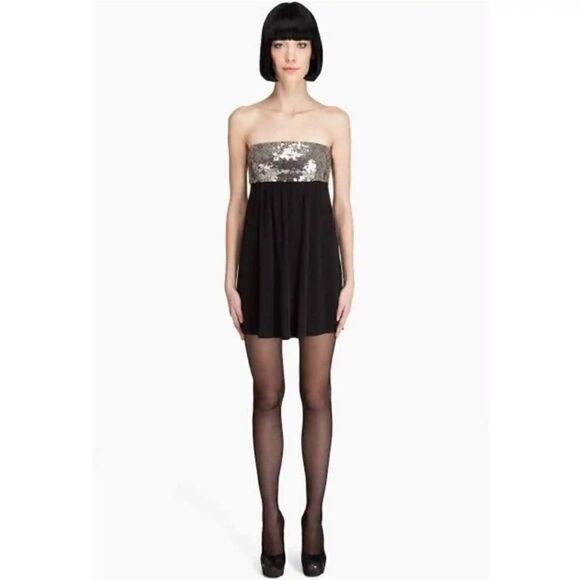 Theory Lensley Black Silver Sequin Strapless Mini Dress - Size 2 - Picture 1 of 12